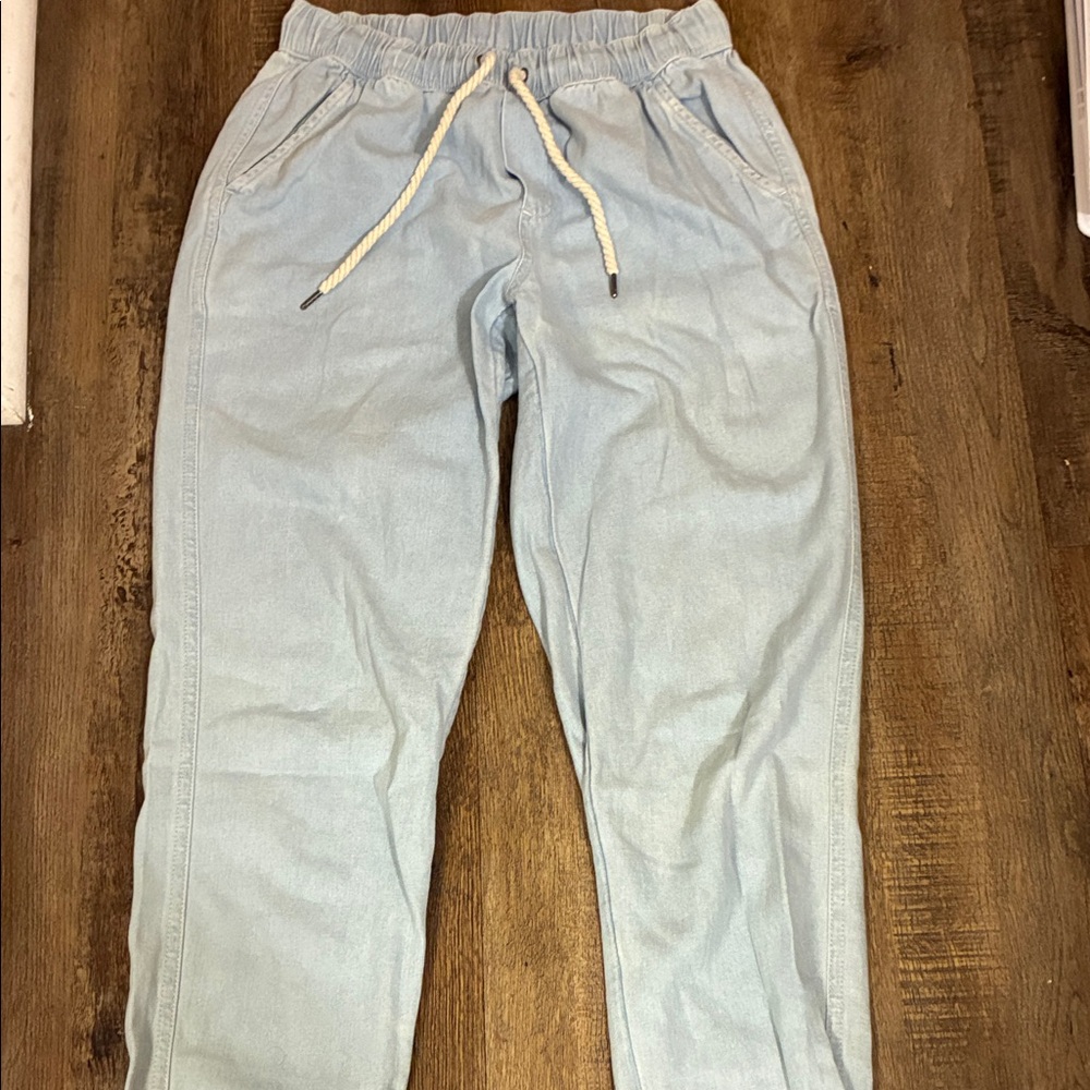 Aerie Denim Loose Drawstring  Pants Freyed Bottoms Light Denim NWOT Size XS